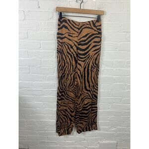 Zara Women's Full Length Wide Leg Animal Print Jacquard Trouser Pants Tan Size S